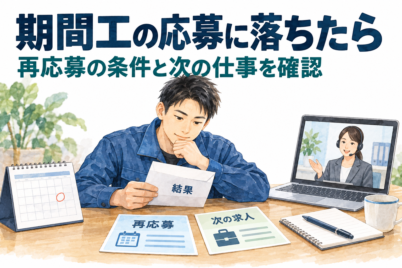 期間工の応募に落ちた人が結果の通知、予定表、次の求人の条件カードを机に並べ、相談する準備をする場面