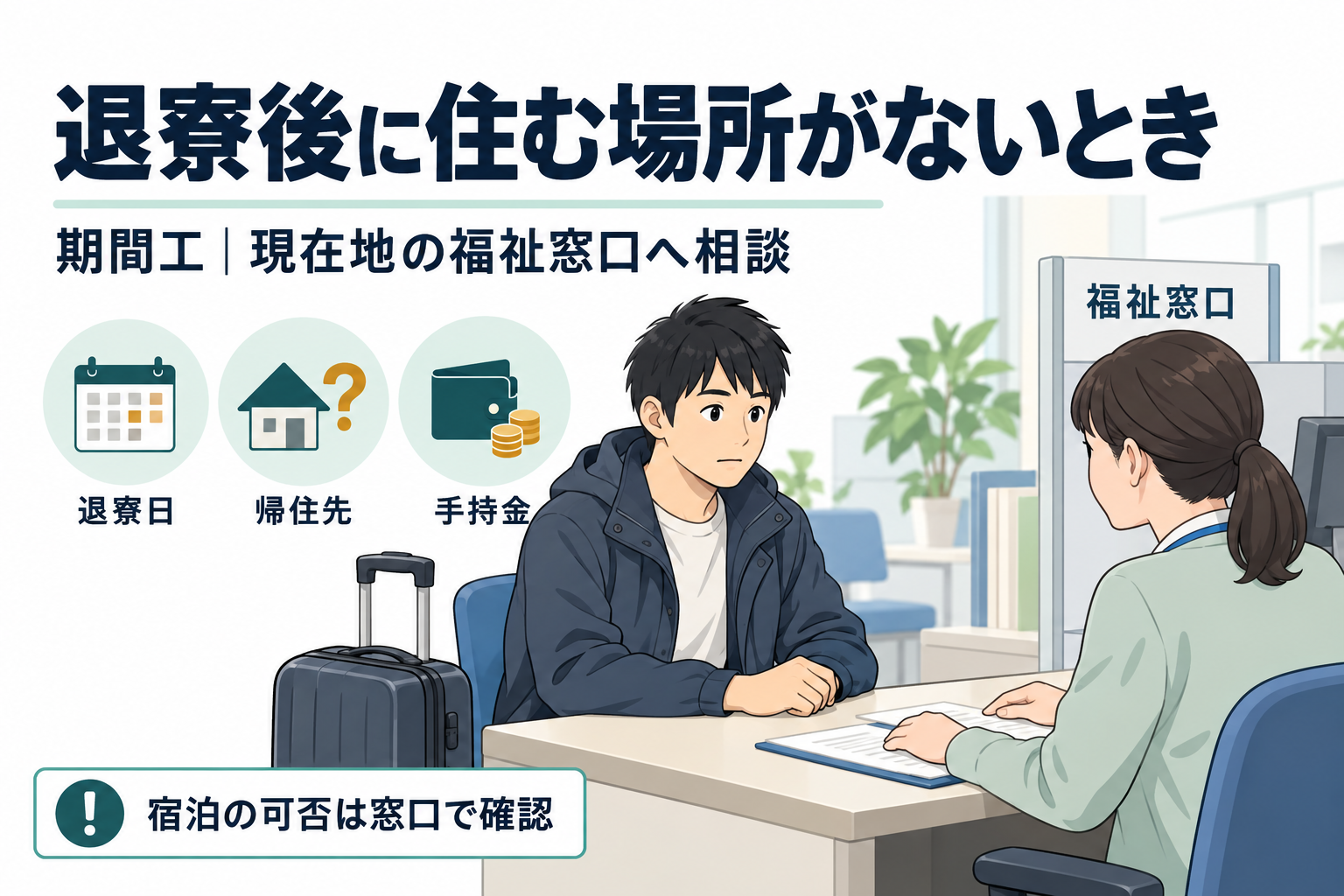 期間工の退寮で住む場所がない人が、退寮日・帰住先・手持金を相談するイラスト。窓口で確認する場面で、宿泊の確約を表すものではありません。
