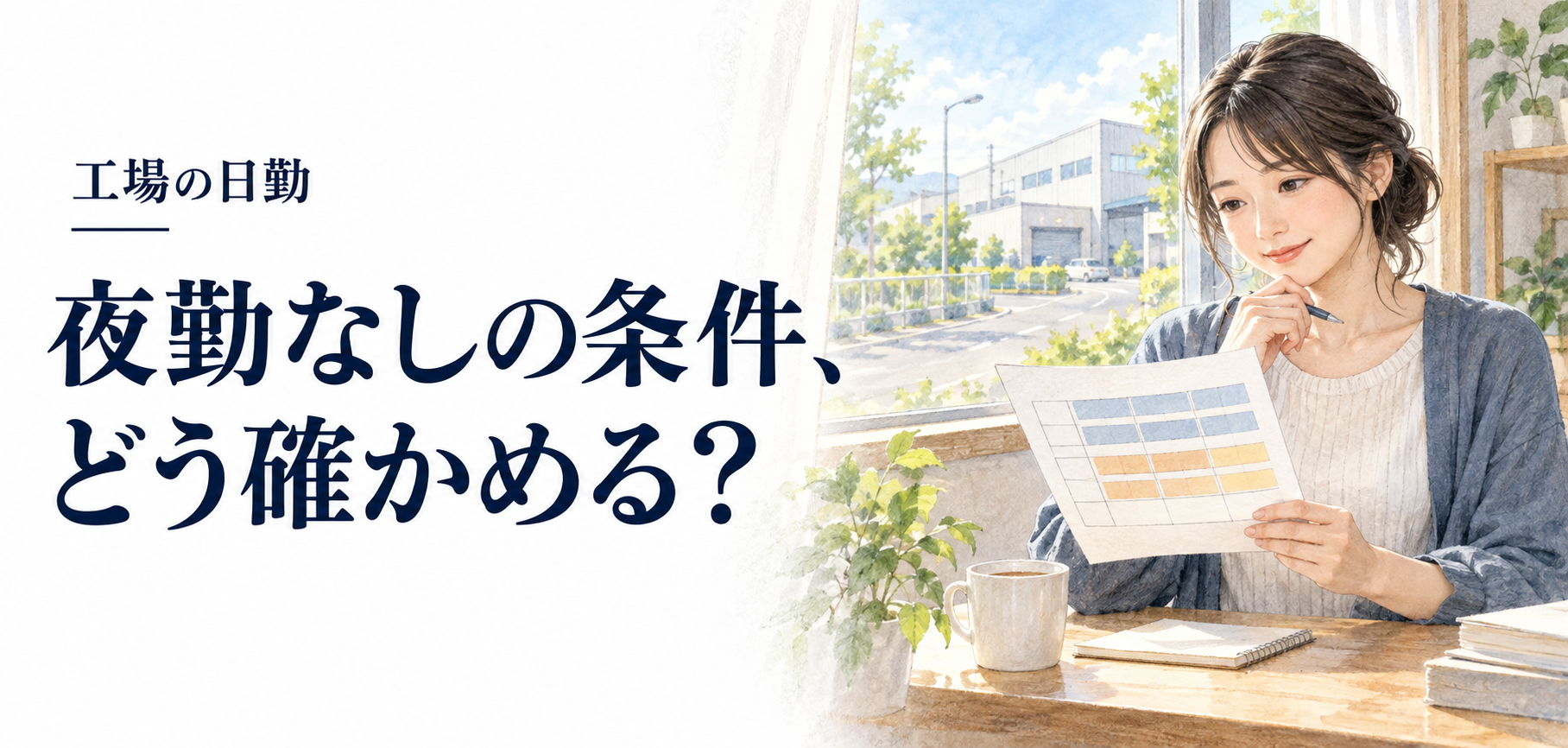 工場 日勤のみ：明るい工場で働く作業者のイラスト