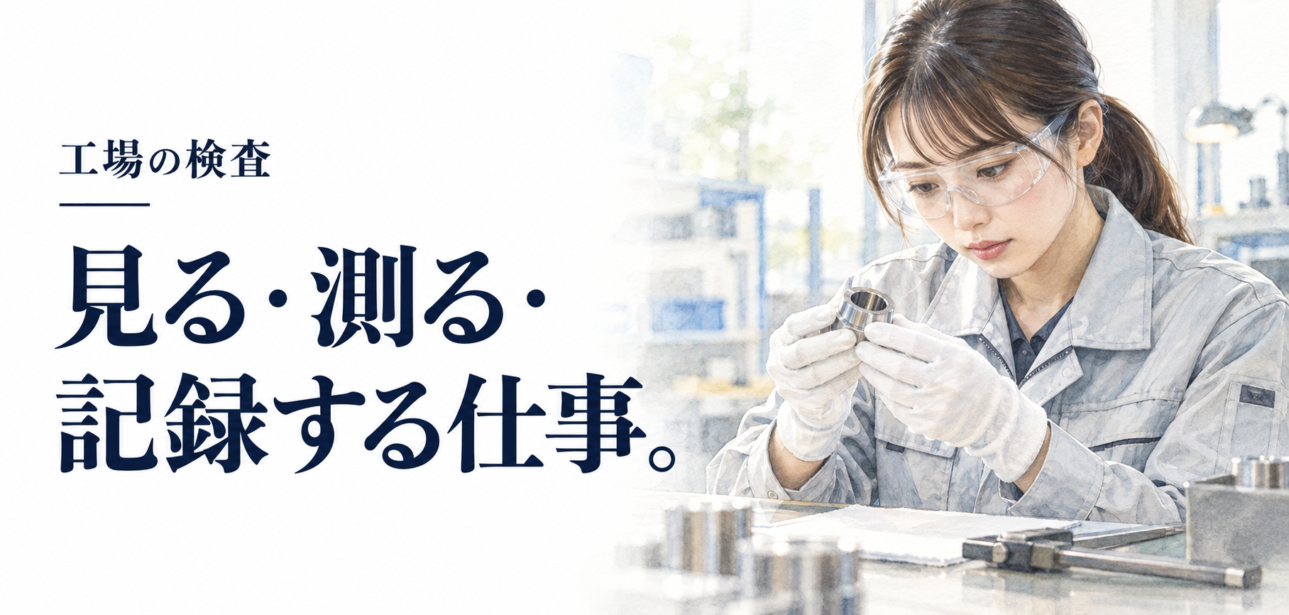 工場 検査 仕事内容：部品の外観を確かめる作業者のイラスト