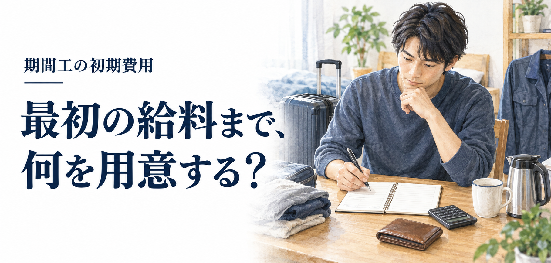 期間工 初期費用：手元の費用を整理する作業者のイラスト