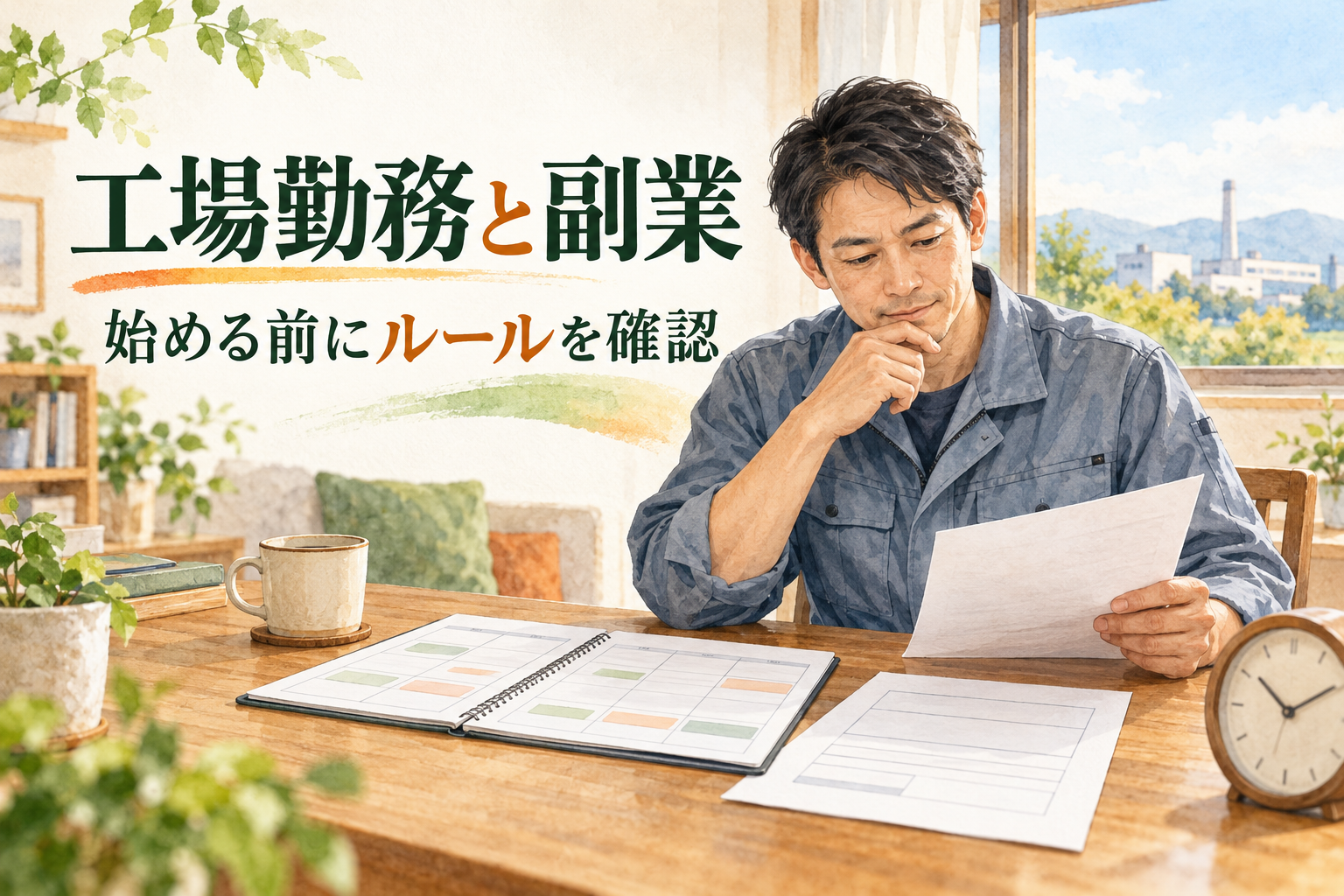 工場勤務の男性が副業の契約書と予定表を机に並べ、勤務時間と休息を確認するイラスト。