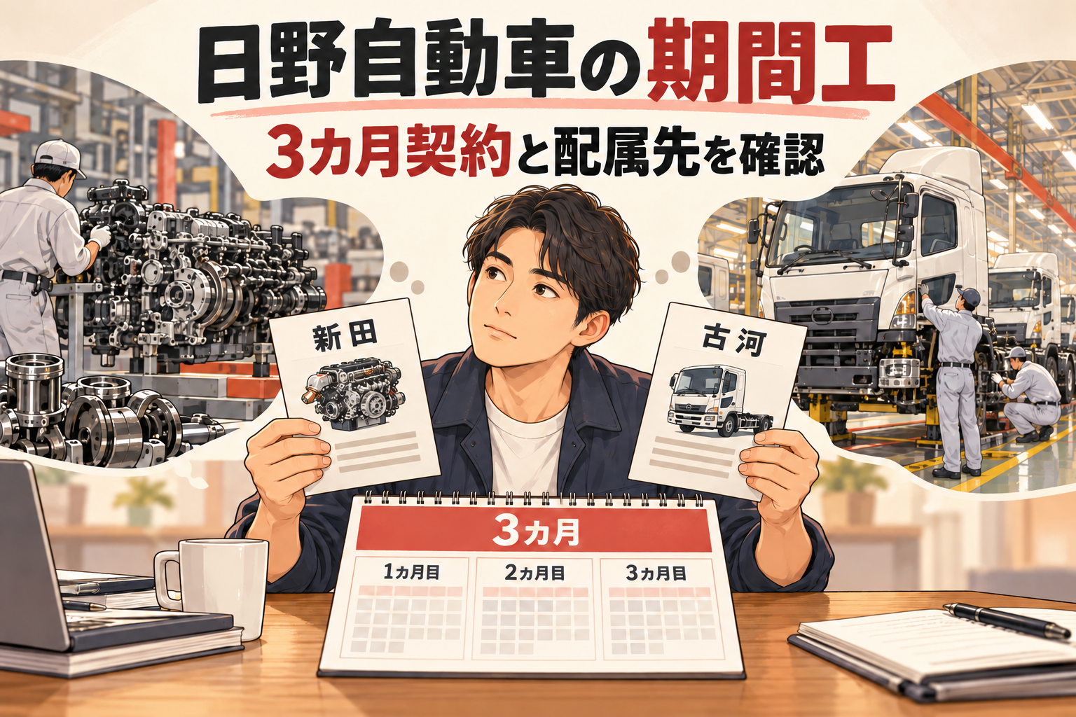 日野自動車の期間工を検討する人が新田と古河の資料を比べるイラスト。エンジン製造とトラック組立の場面、3カ月のカレンダーが描かれている。