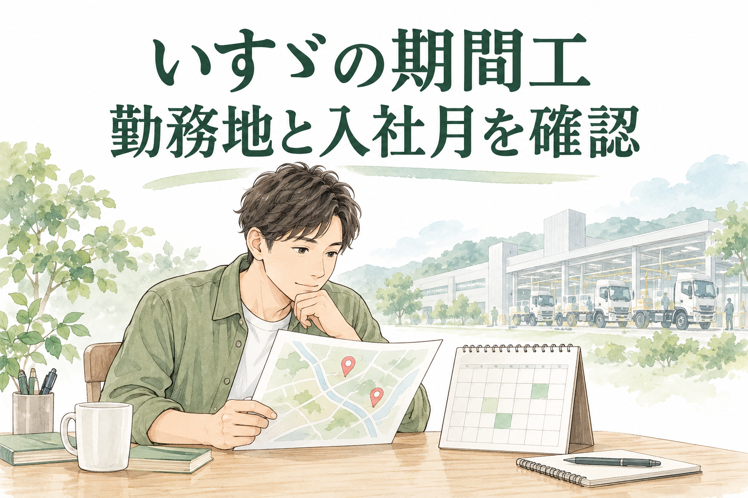 いすゞの期間工の勤務地と入社月を確認するイラスト。応募を考える人が地図とカレンダーを見比べている。