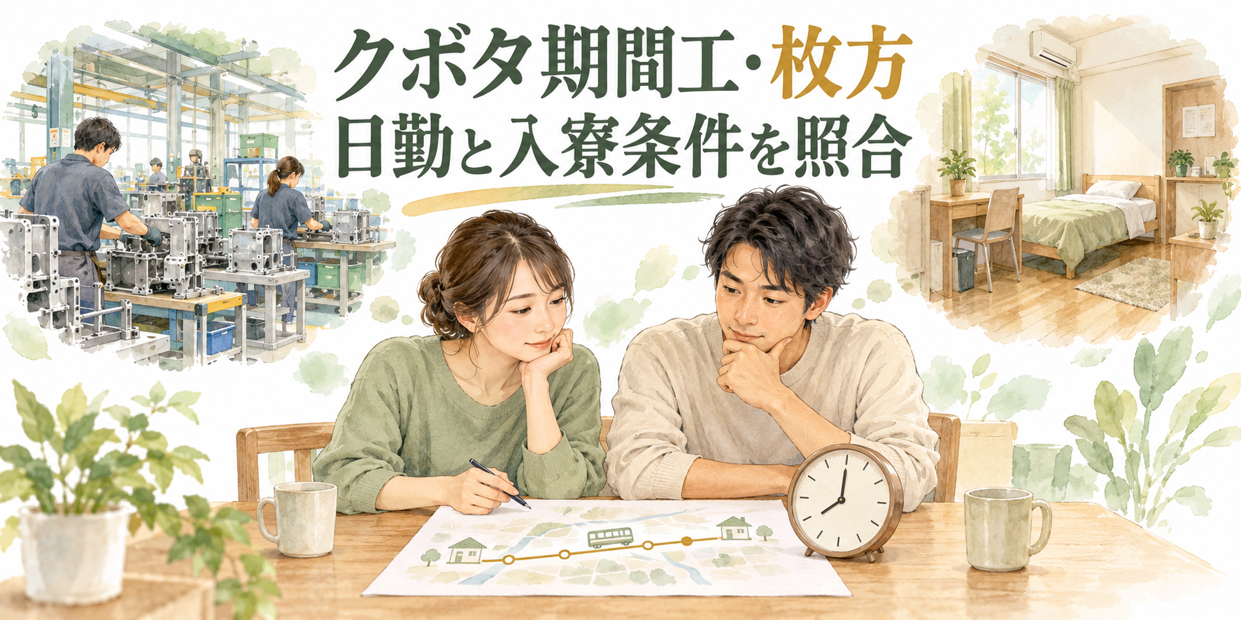 クボタの期間工・枚方の勤務と入寮条件を考える男女。時計と通勤経路の紙を見て、製造現場と個室のイメージを確認している。