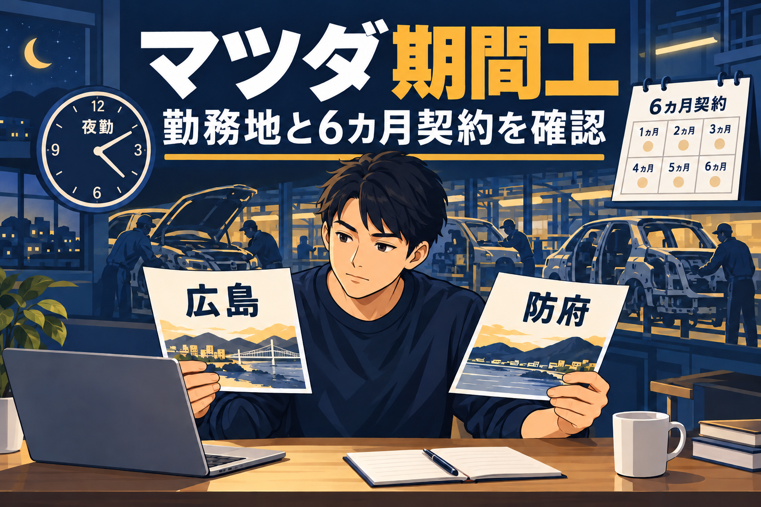 マツダの期間工を検討する人が広島と防府のカードを比べるイラスト。夜勤の時計と6カ月契約のカレンダーが描かれている。