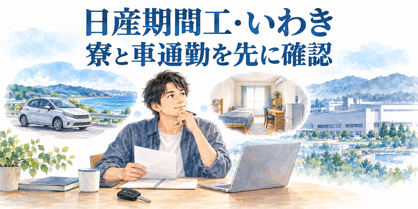 日産の期間工・いわきの寮と車通勤を考える人。車の鍵と書類を前に、個室と工場のイメージを比べている。