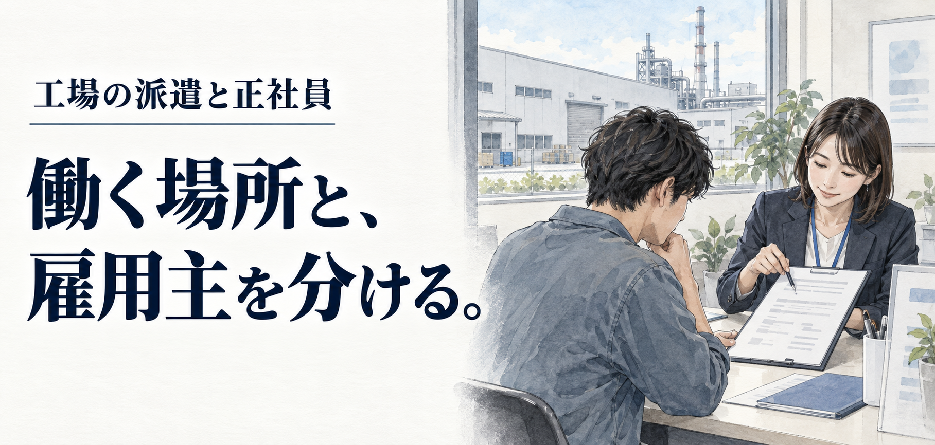 工場・派遣・正社員・違い：働く場所と、雇用主を分ける。 条件を確認する場面のイラスト