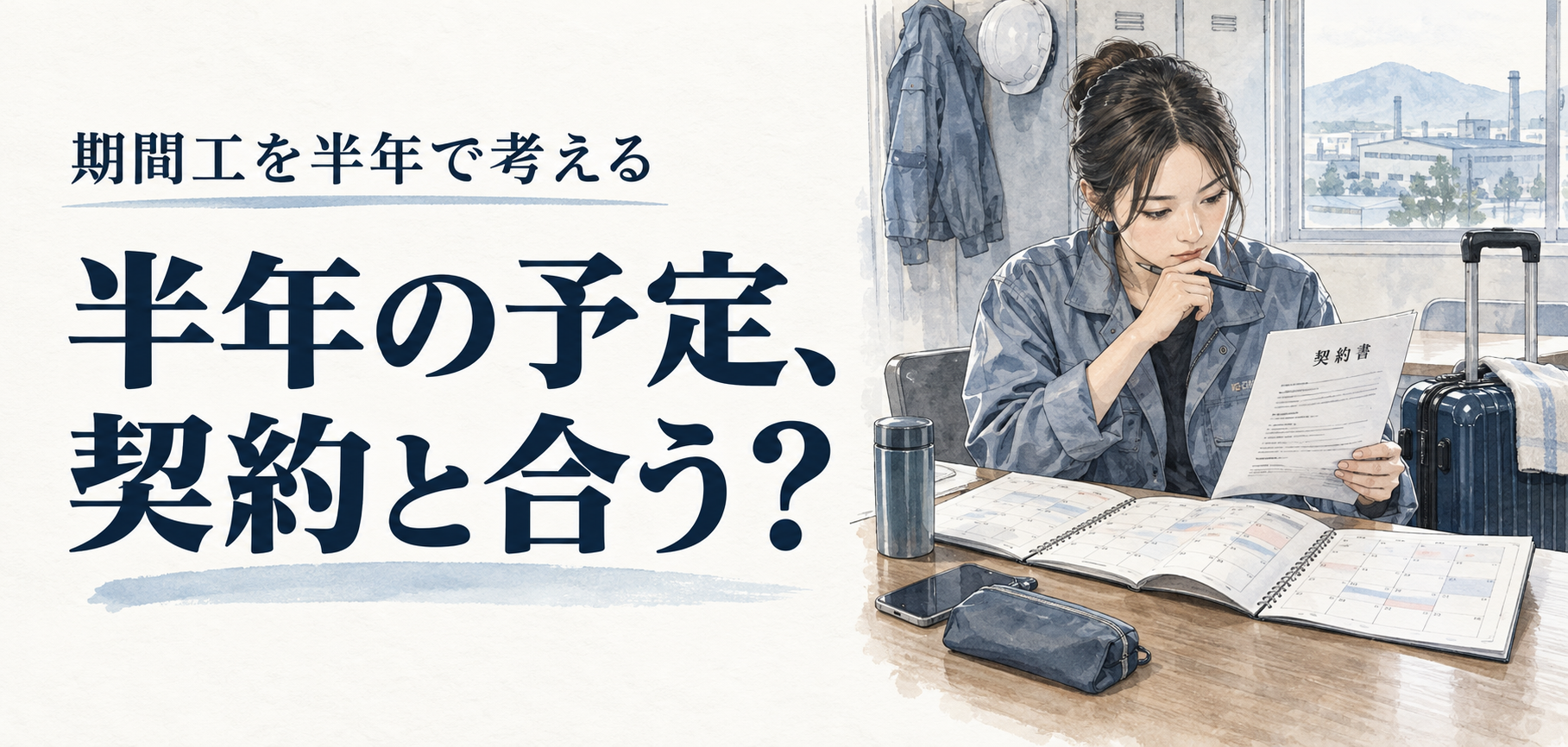 期間工・半年：半年の予定、契約と合う？ 条件を確認する場面のイラスト