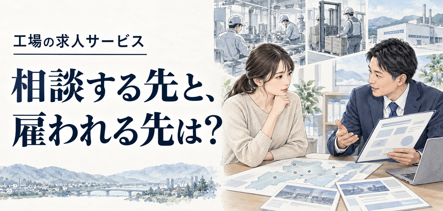 工場・転職・エージェント：相談する先と、雇われる先は？ 条件を確認する場面のイラスト