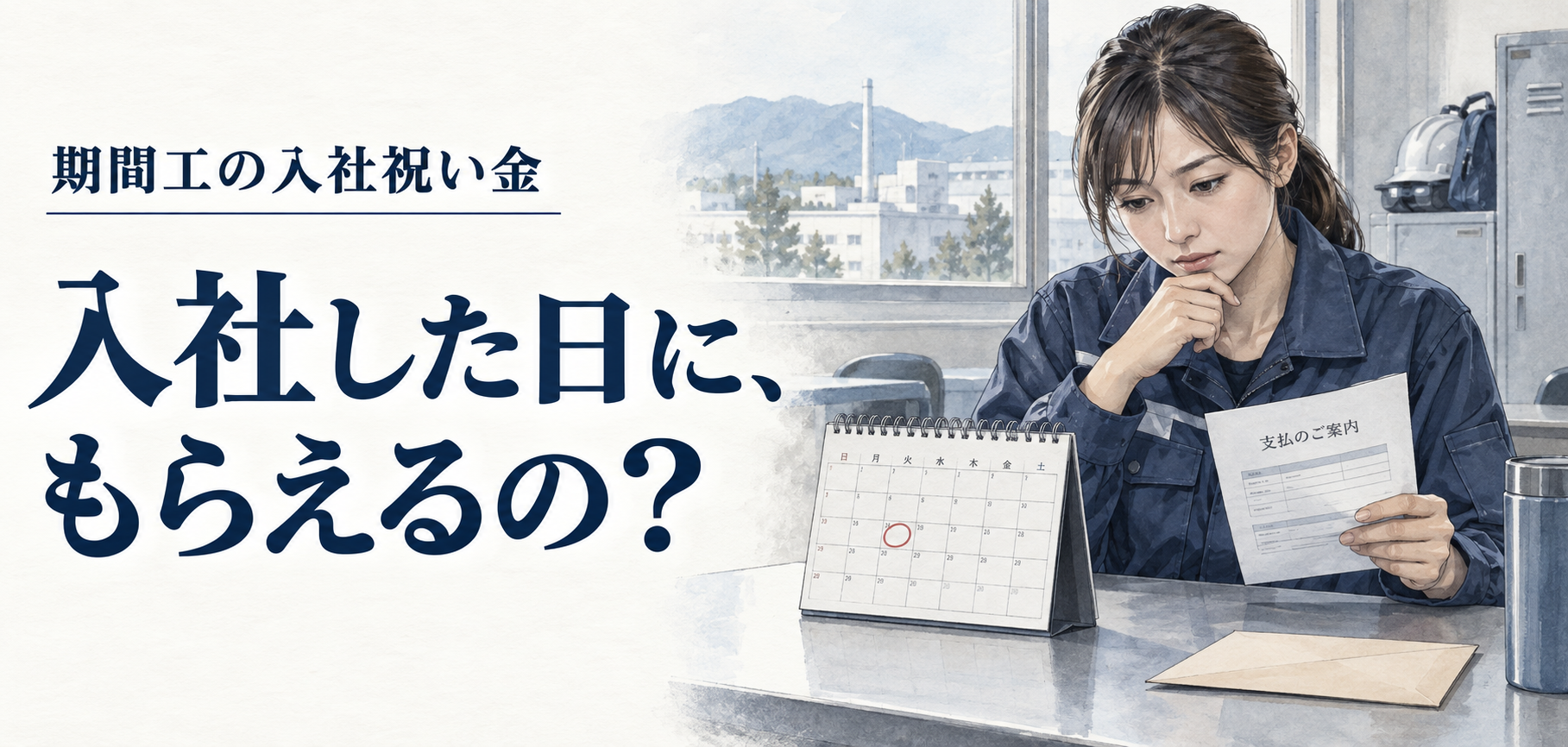 期間工・入社祝い金：入社した日に、もらえるの？ 条件を確認する場面のイラスト