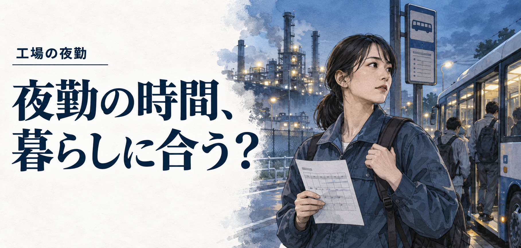 工場・夜勤：夜勤の時間、暮らしに合う？ 条件を確認する場面のイラスト