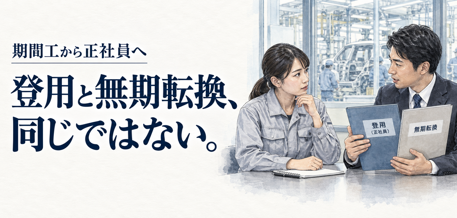 期間工・正社員：登用と無期転換、同じではない。 条件を確認する場面のイラスト
