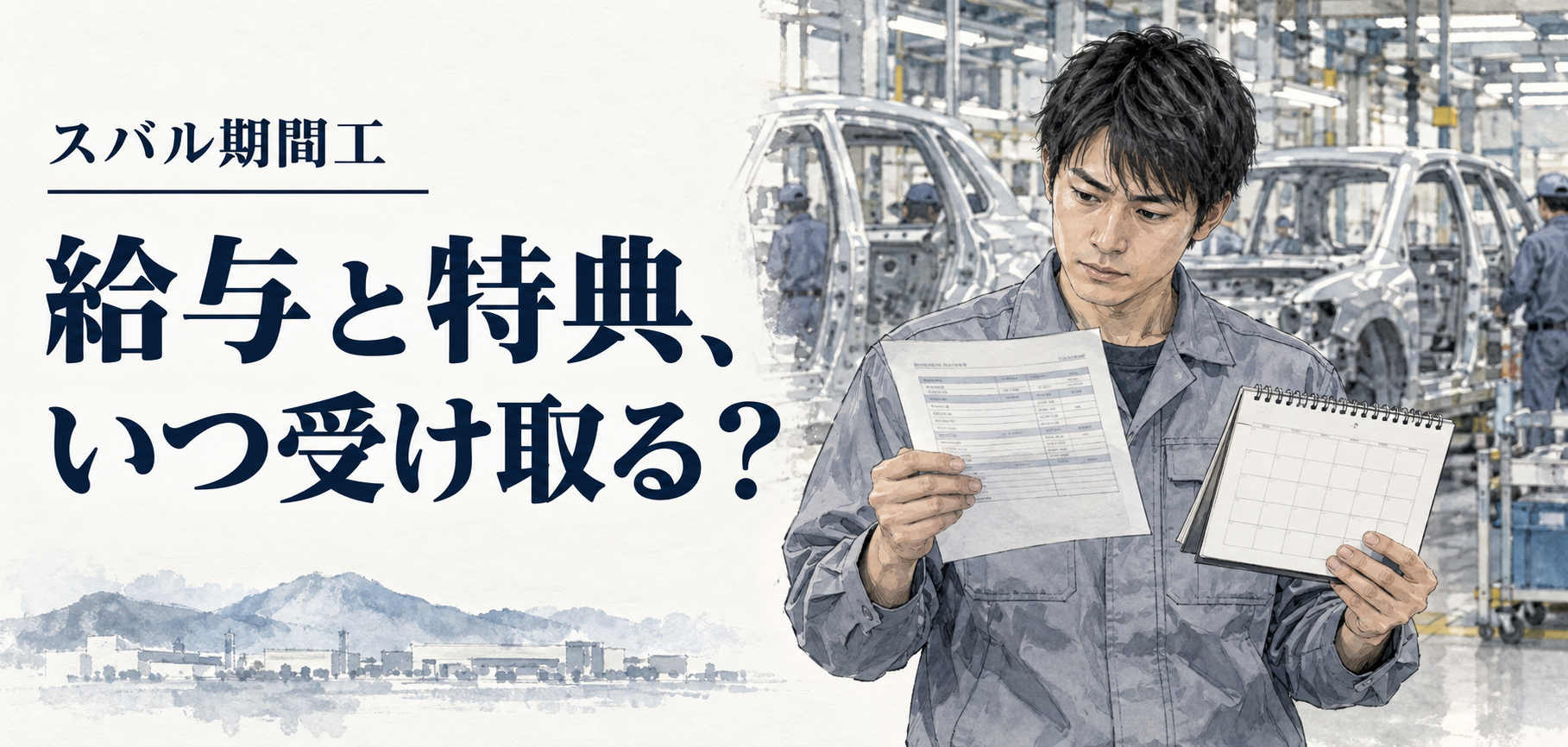 期間工・スバル：給与と特典、いつ受け取る？ 条件を確認する場面のイラスト