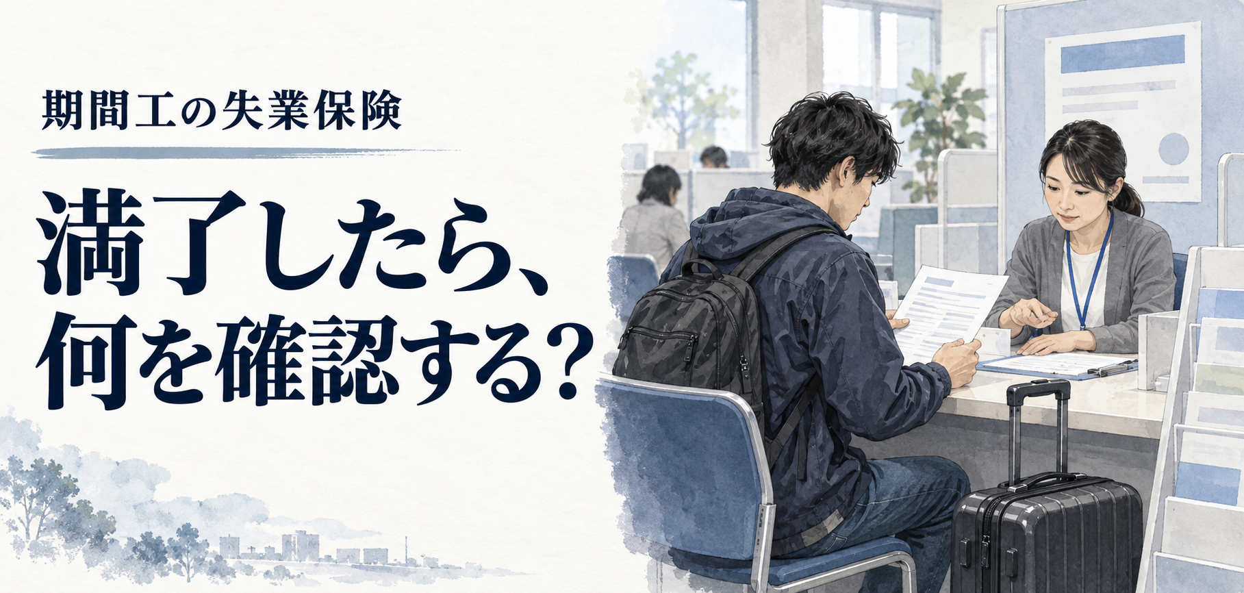 期間工・失業保険：満了したら、何を確認する？ 条件を確認する場面のイラスト