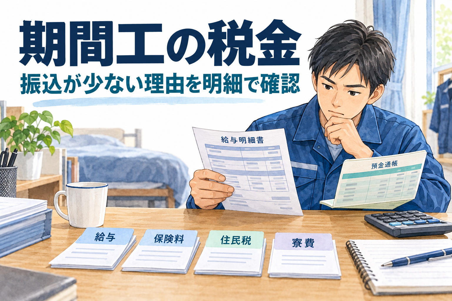 期間工の税金を確認するため、寮の机で作業着の人が給与明細と預金通帳を比べ、給与・保険料・住民税・寮費の書類を整理する場面