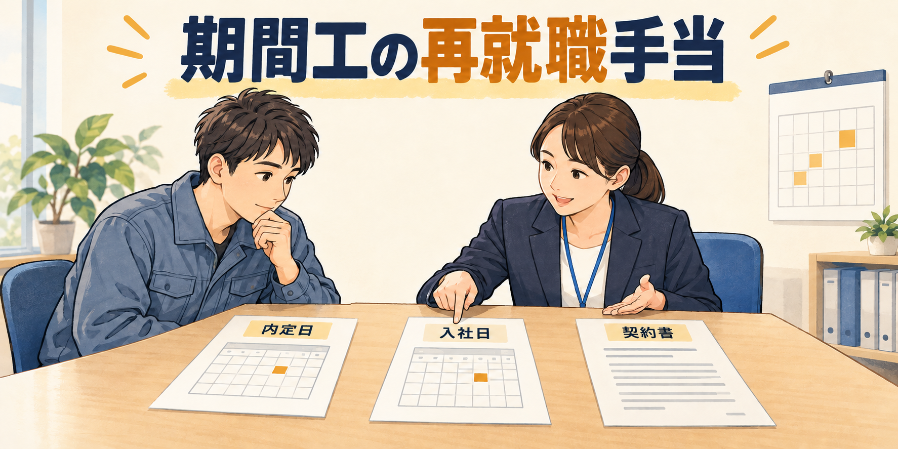 期間工の再就職手当を相談する作業着の人と相談員。内定日、入社日、契約書の紙を机で確認する説明用イラスト。