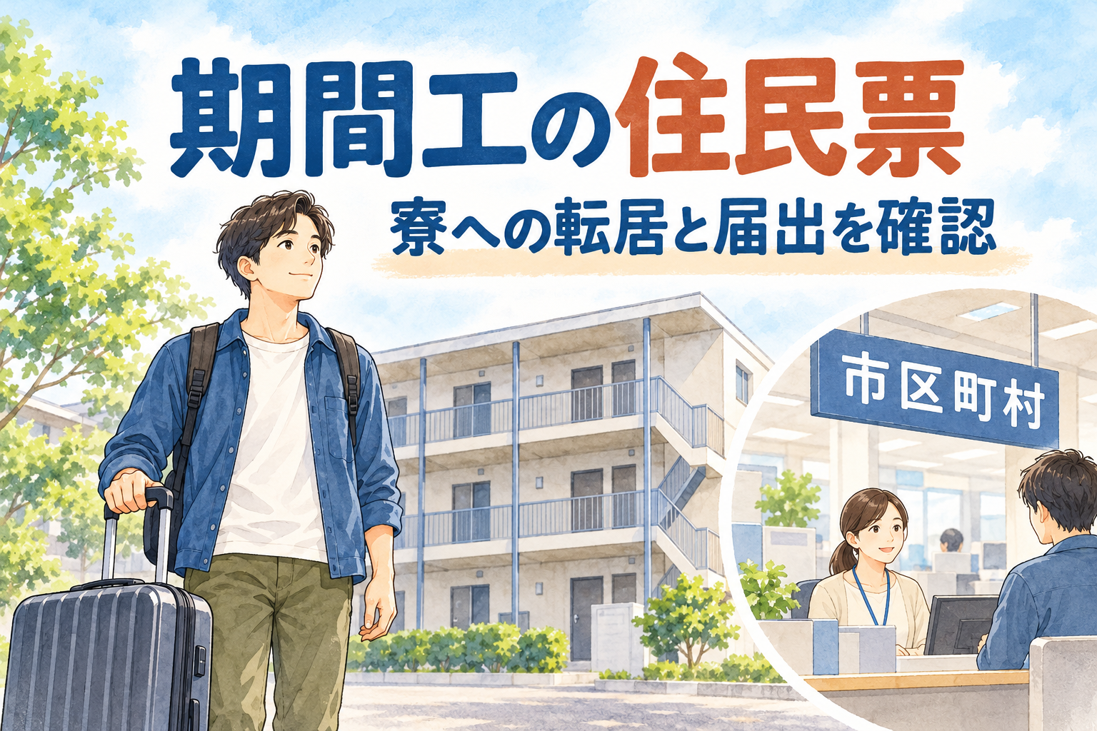 期間工が住民票の手続きを考えて寮へ転居するイラスト。スーツケースを持つ人と市区町村の相談窓口を描いている。