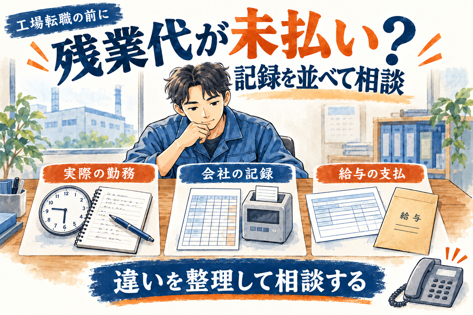 工場転職で残業代の未払いを相談する前に、実際の勤務メモ、会社の勤怠記録、給与の支払を三つ並べて照合するイラスト。