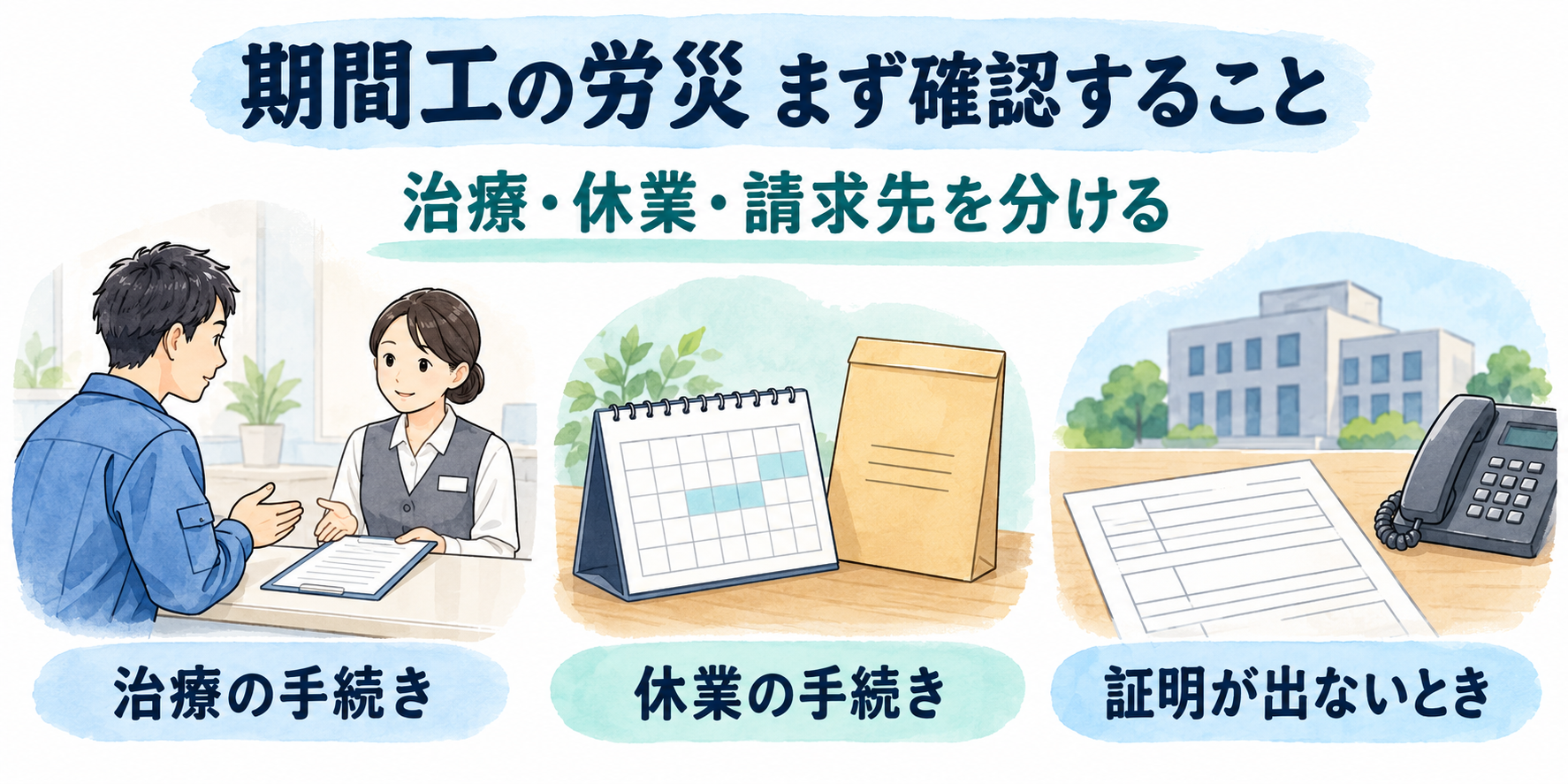 期間工の労災について、治療の手続き、休業の手続き、証明が出ないときの相談を分けて示したイラスト。